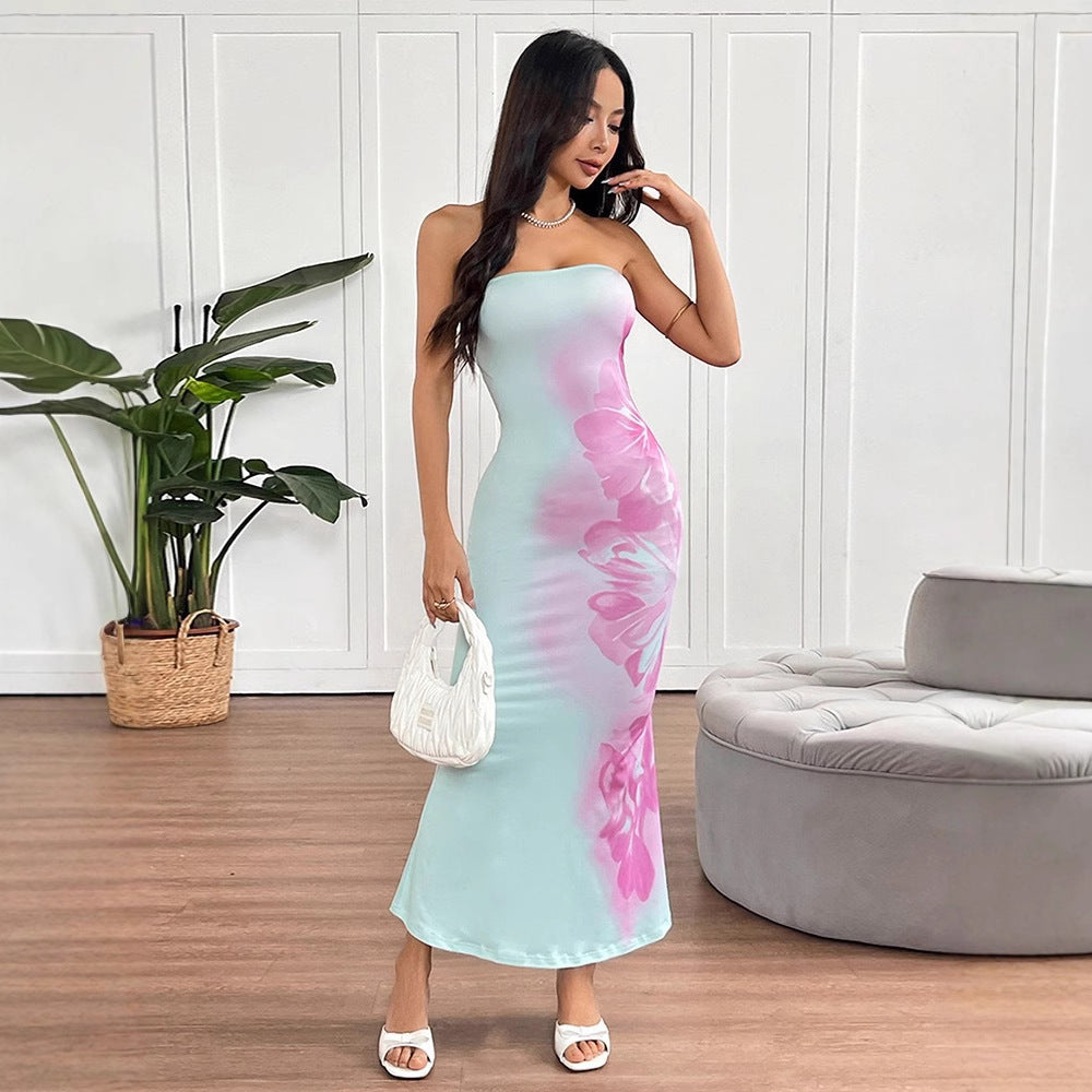 Floral Strapless Backless Bodycon Midi Dress