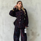 Women's Autumn Design Printed Flocking Coordinated Two-Piece Set