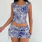 Women's Blue Leopard Hooded Sleeveless Top And Skirt Two-Piece Set