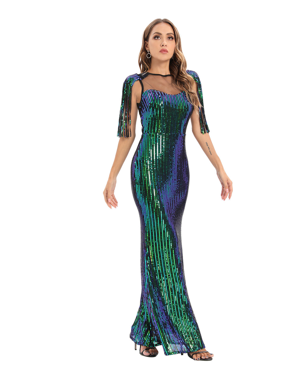 Women's Green Sequin Fringe Bodycon Evening Maxi Dress