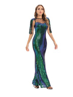Women's Green Sequin Fringe Bodycon Evening Maxi Dress