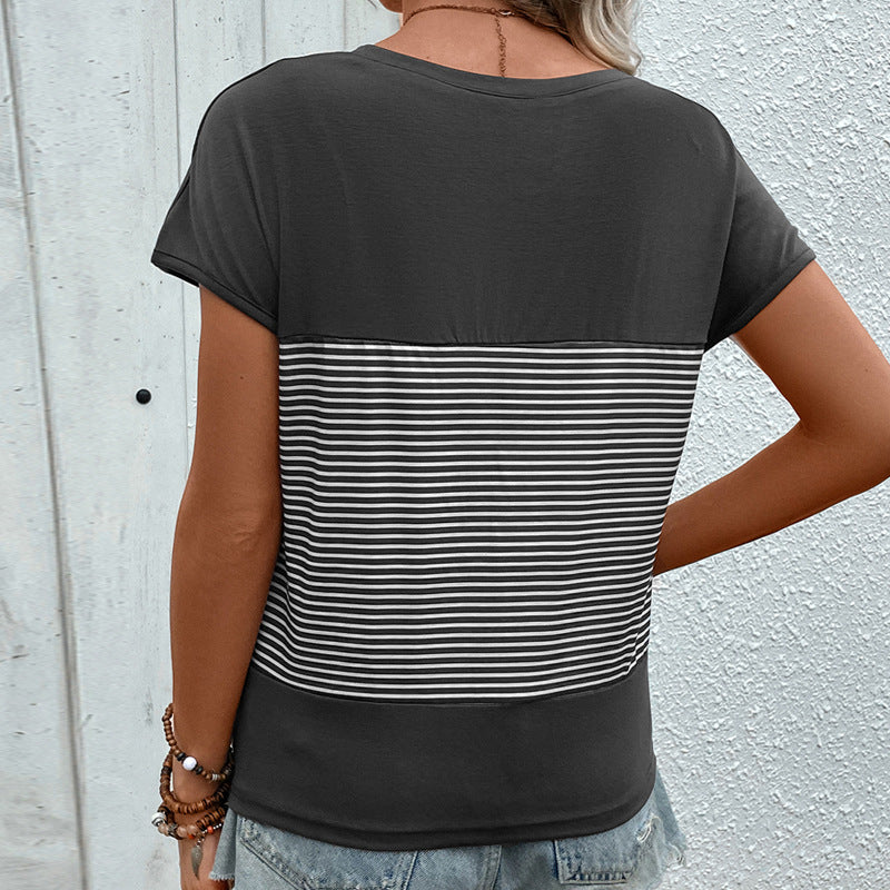 V-Neck Striped Patchwork Top