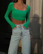 Women's Square Neck Ribbed Long Sleeve Crop Top