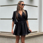 Black Puff-Sleeve A-Line Dress
