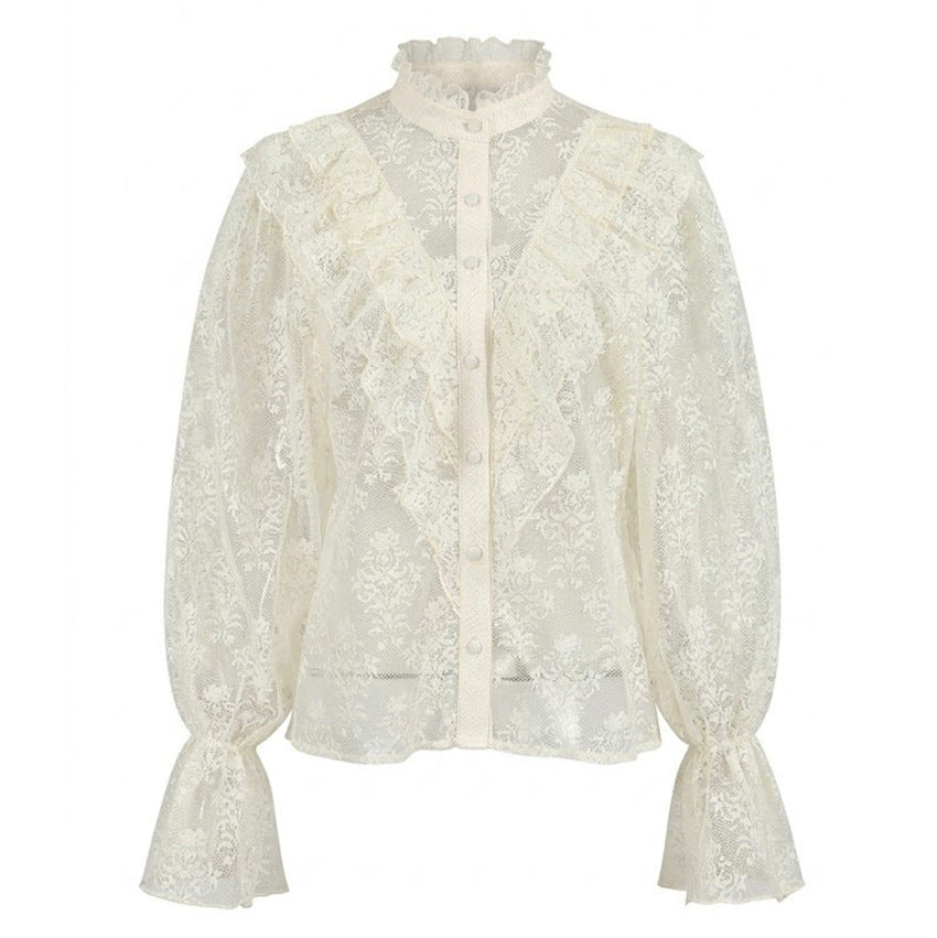 Women's Lace Puff-Sleeve Blouse With Ruffle Details