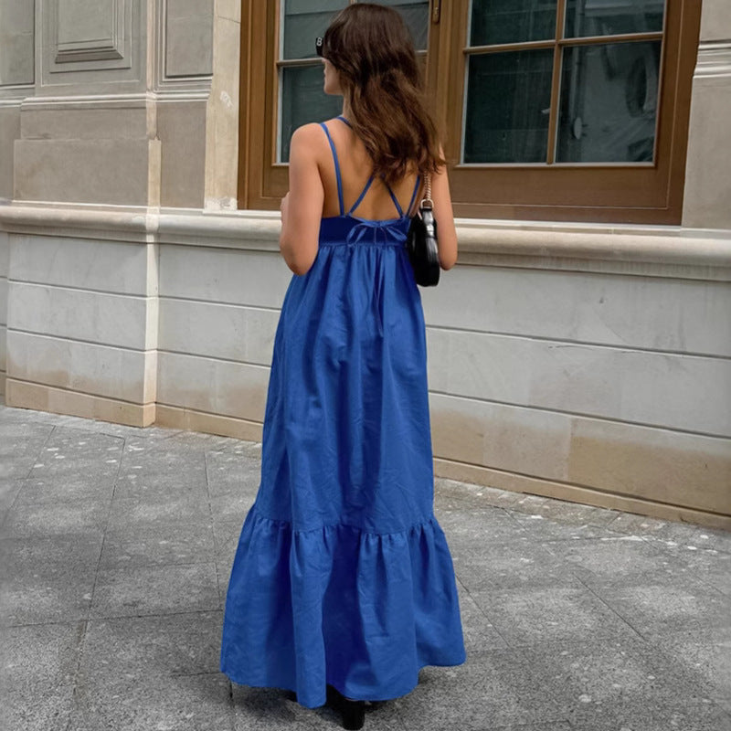 Women's French Vacation Blue Cotton Linen V Neck Strap Dress