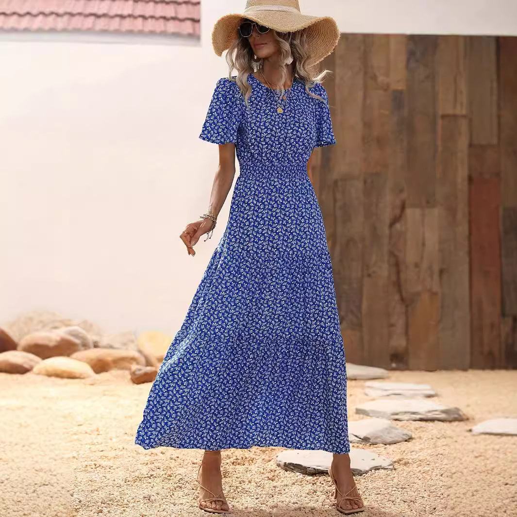 Women's Ruffle Sleeve Long Floral Dress Spring Summer High Grade Smocking