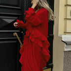 Ruffled Long Sleeve Dress Red V neck