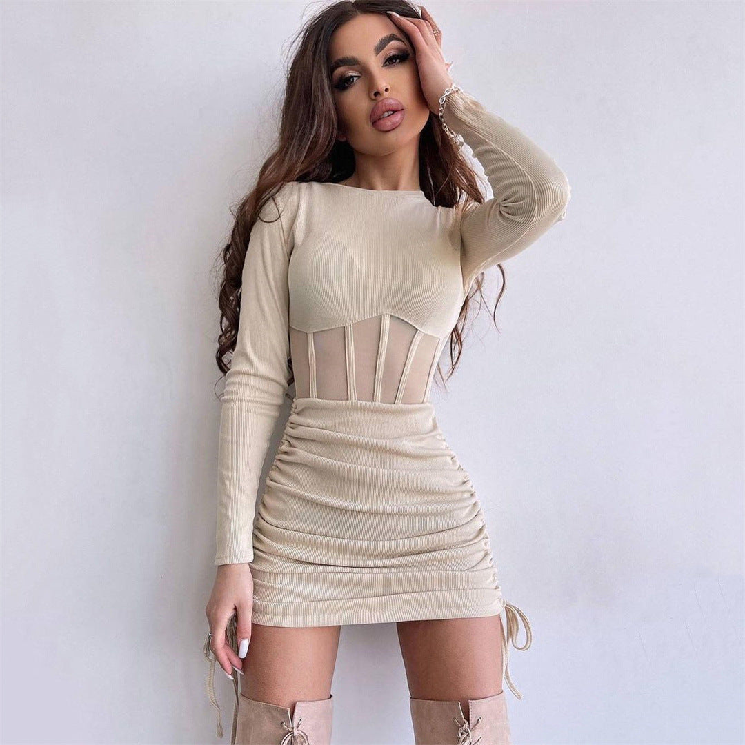 Mesh Hollow Out Cutout Waist Round Neck Long Sleeve Dress