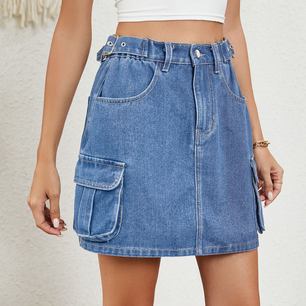 Summer Washed Adjustable Waist Denim Skirt