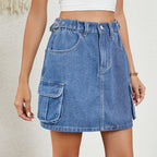 Summer Washed Adjustable Waist Denim Skirt