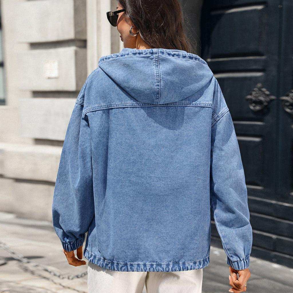 Women's Hooded Half Cardigan Button Drop Shoulder Long Sleeve Washed Denim Hooded Pullover Tops Women