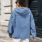 Women's Hooded Half Cardigan Button Drop Shoulder Long Sleeve Washed Denim Hooded Pullover Tops Women