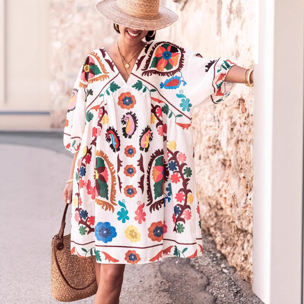 Floral V-Neck Short-Sleeve Mini Dress