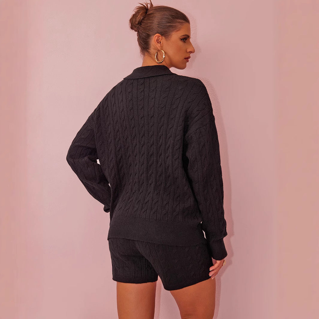 Retro Twist V neck Autumn Winter Loose Idle Pullover Set