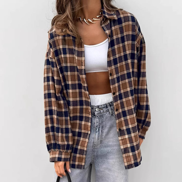 Women's Brown Plaid Collared Button-Up Shirt