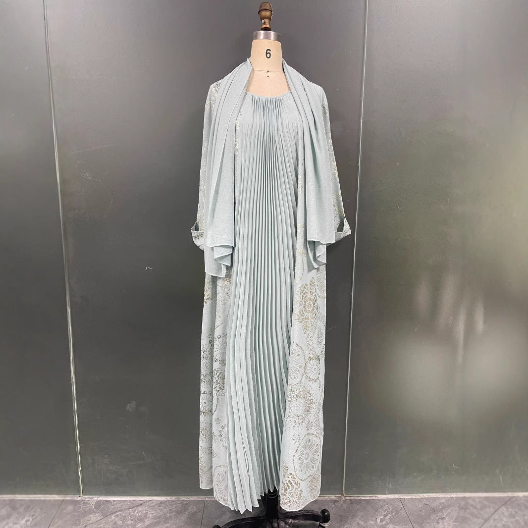 Women's Middle East Muslim Patchwork Pleated Bronzing Robe Dress With Headscarf