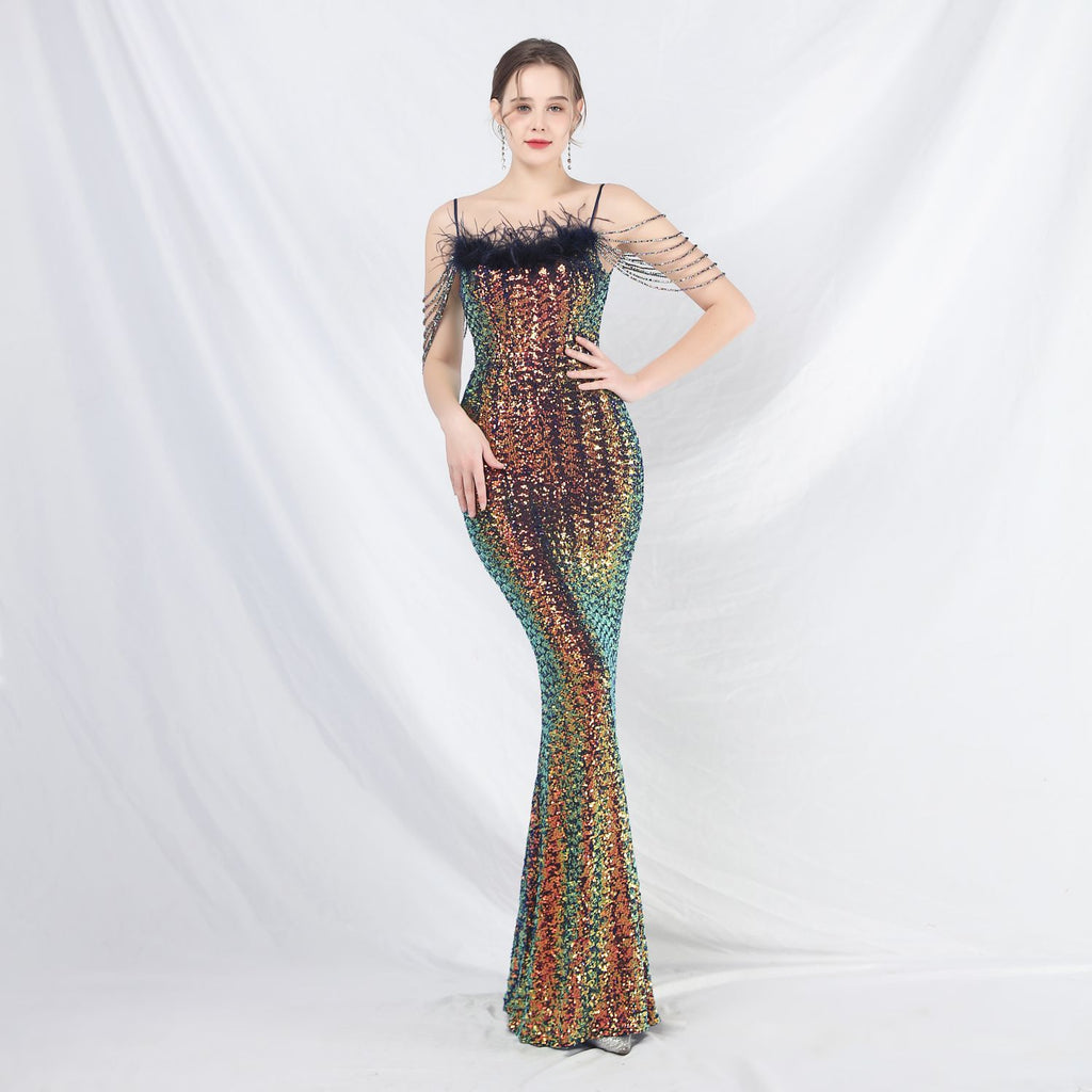 Women's Beaded Ostrich Feather Colorful Sequin Long Evening Dress