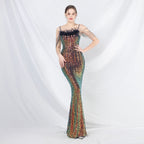 Women's Beaded Ostrich Feather Colorful Sequin Long Evening Dress