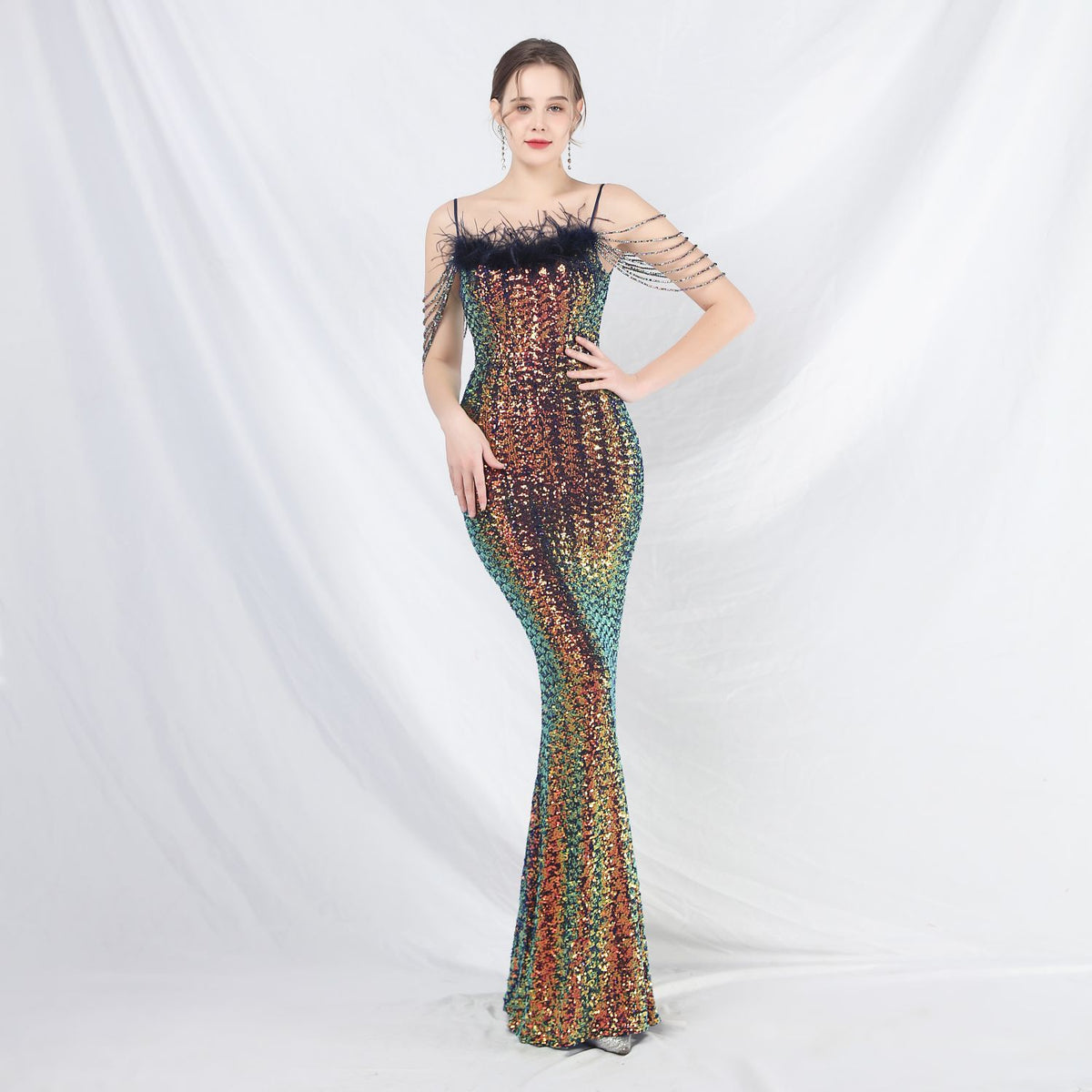 Women's Beaded Ostrich Feather Colorful Sequin Long Evening Dress