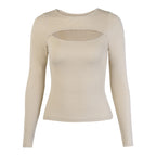 Women's Women Clothing Autumn Winter Chest Hollow-Out Long-Sleeved Top Sexy Stretch Rib T-Shirt For Women