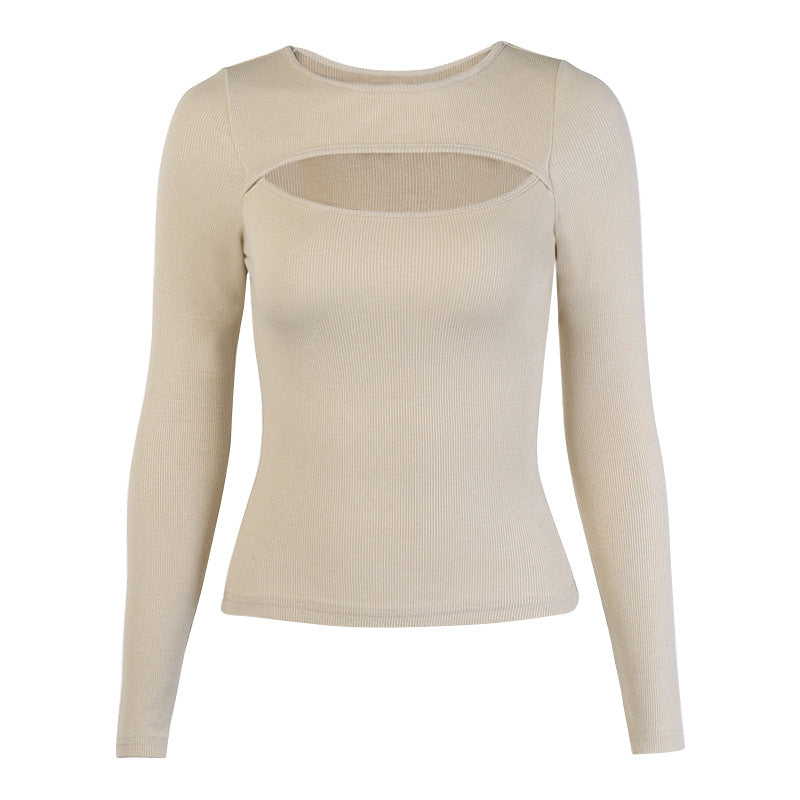 Women's Women Clothing Autumn Winter Chest Hollow-Out Long-Sleeved Top Sexy Stretch Rib T-Shirt For Women