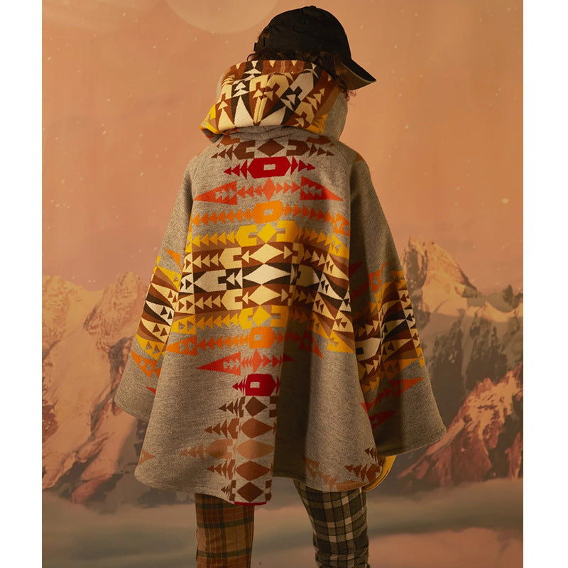 Women's Long Sleeve Hooded Jacket Printed Woolen Coat