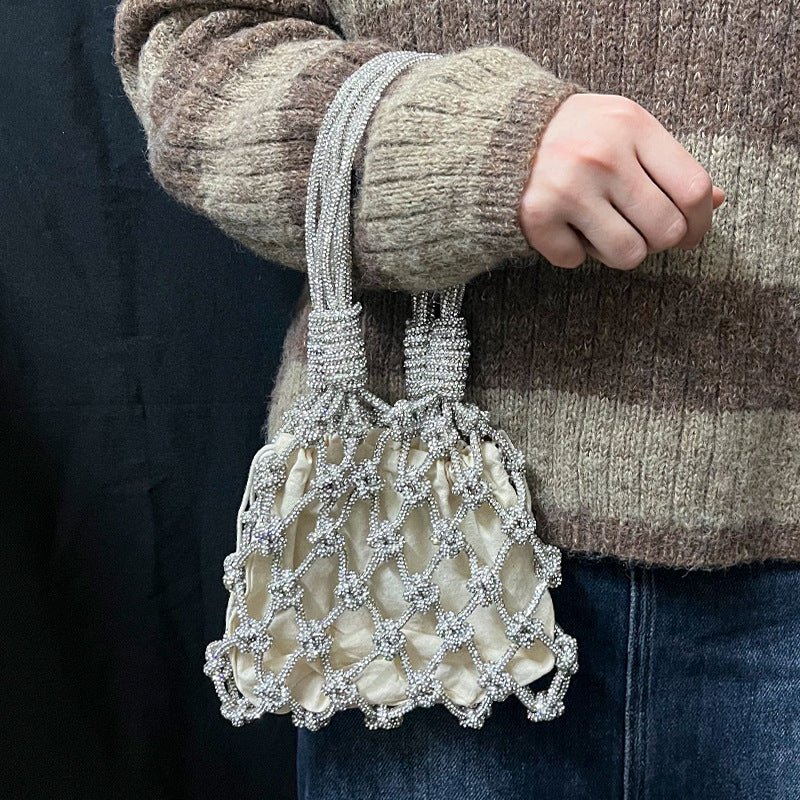 Women's Silver Rhinestone Woven Dinner Bag