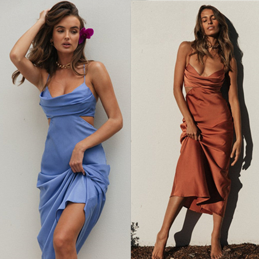 Women's Elegant Sling Solid Color Maxi Dress Pile Collar Backless Dress