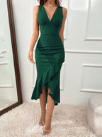 Sheath Swallowtail Dress V-neck Slit Ruffled