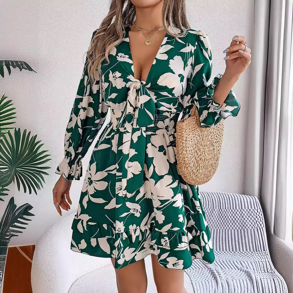 Women's Floral V Neck Long Sleeve Dress