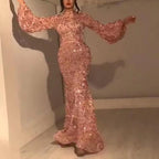 Sequin Lace Stand-Collar Long-Sleeve Bodycon Maxi Dress