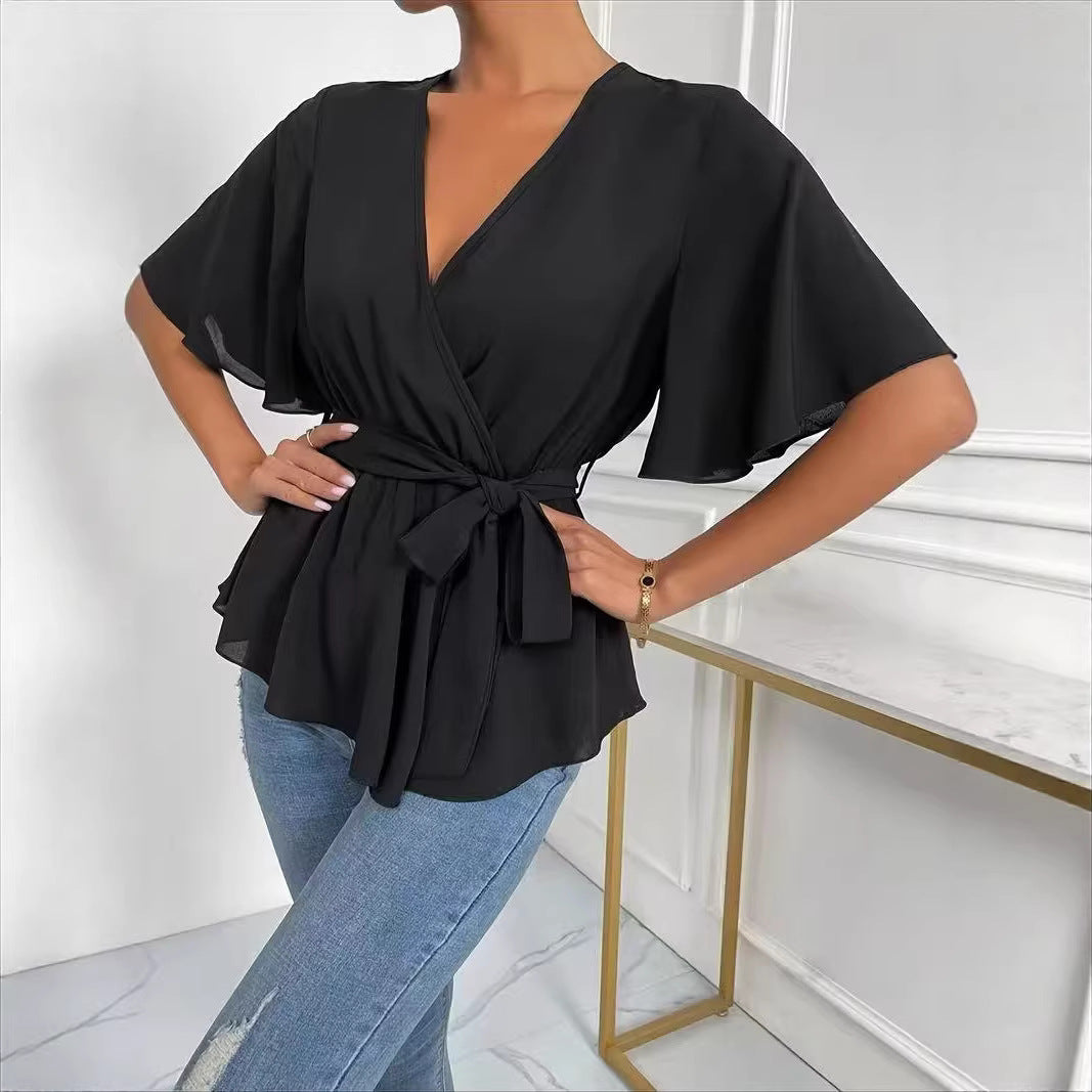 Women's Solid Color Elastic Waist Belt Women Summer Elegance Bell Sleeve Shirt Top Stand Alone