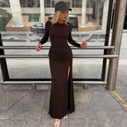 Women's Pleated Long Sleeve Split Maxi Dress