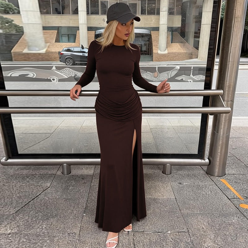 Women's Pleated Long Sleeve Split Maxi Dress