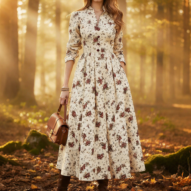 Women's Spring Women Printed High Waist Long Sleeves Floral Midi Dress
