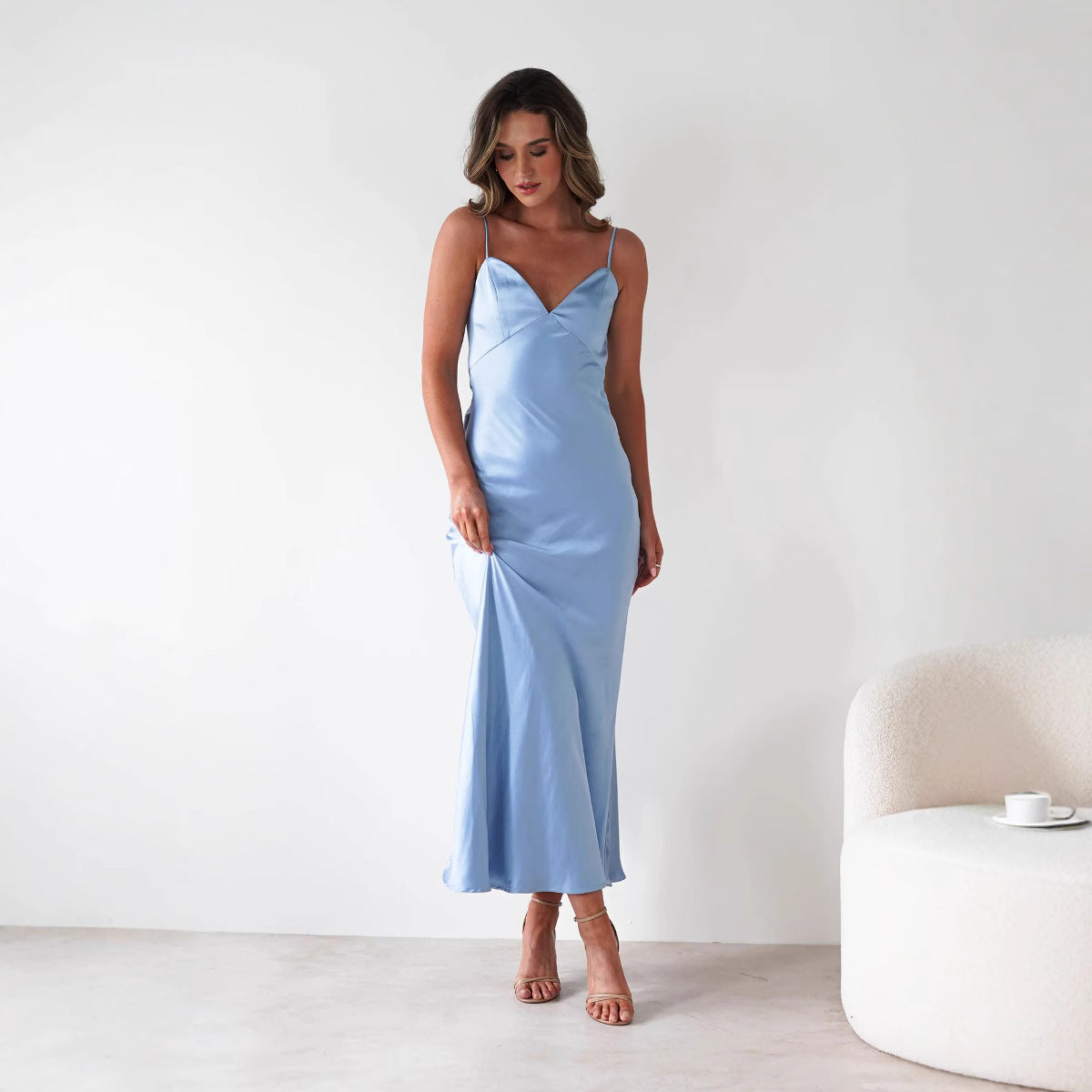 Women's Dress Sling Satin Backless Lace Up Waist Controlled Dress