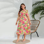 Plus Size Western Off-Shoulder Elegant Floral Midi Tight Waist Dress