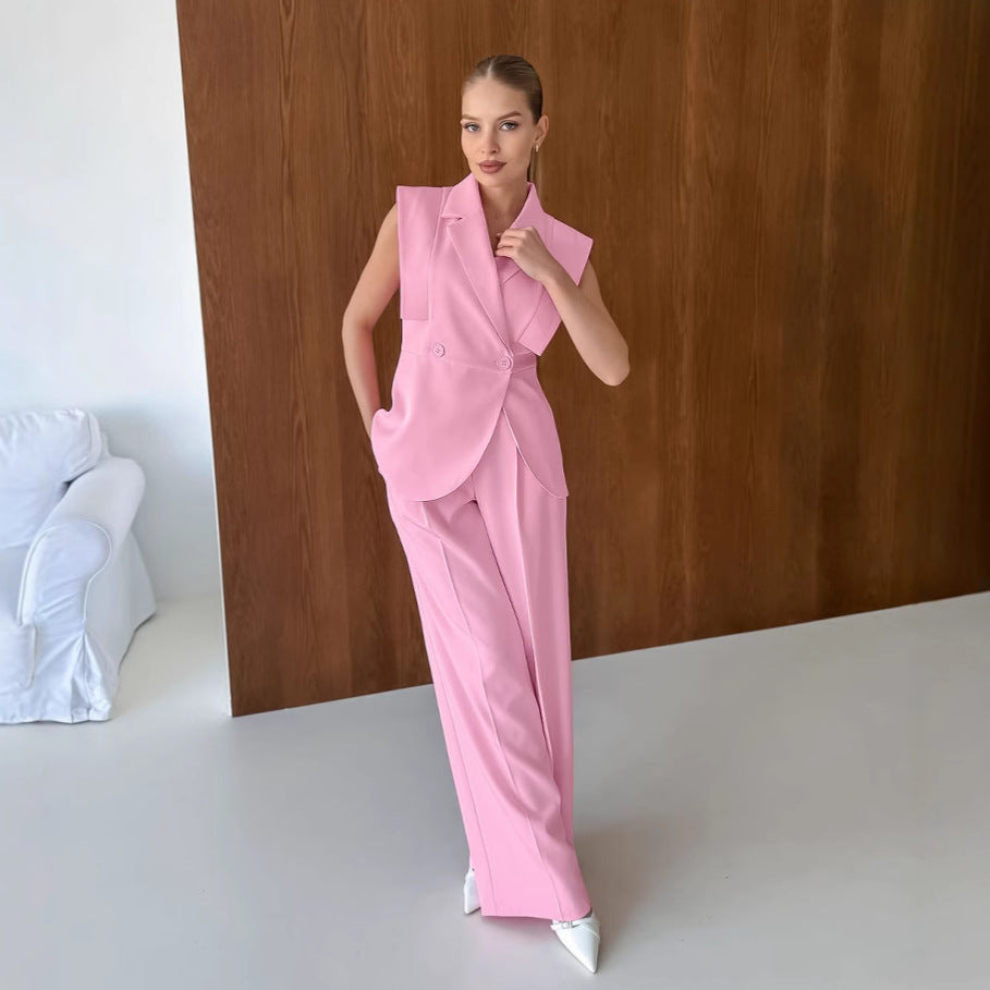 Pink Gentle Sleeveless Collar Loose Fitting Waistcoat High-Waisted Pocket Wide Leg Pants Summer Casual Set