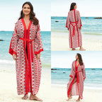 Mid-length rayon beach cover-up shirt, red and white geometric print, tie waist, open V-neck