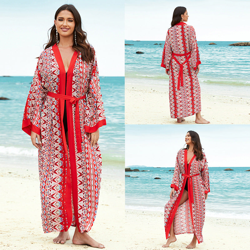 Mid-length rayon beach cover-up shirt, red and white geometric print, tie waist, open V-neck
