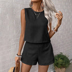 Solid Color Imitation Cotton Linen Sleeveless Tank Top Shorts Casual Two-Piece Set