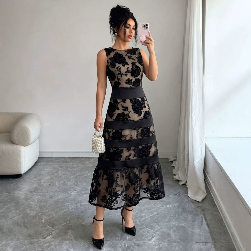 Women's Floral Flocked Lace Midi Cocktail Dress