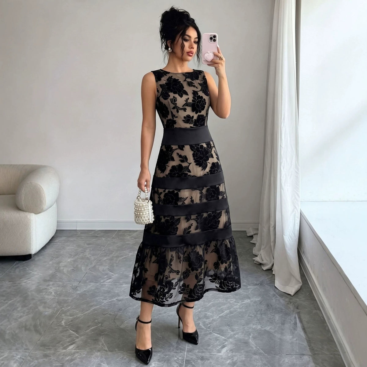 Women's Floral Flocked Lace Midi Cocktail Dress