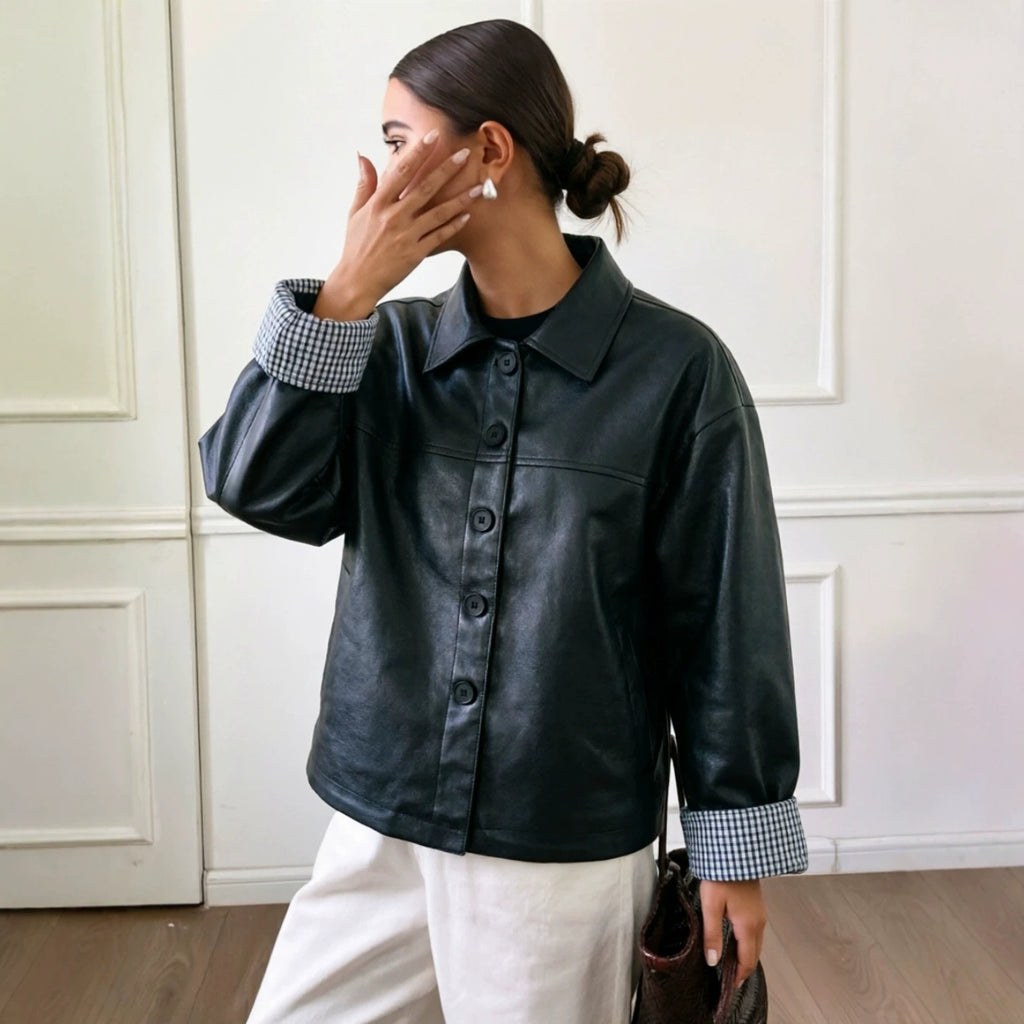 Faux Leather Plaid-Sleeve Motorcycle Jacket