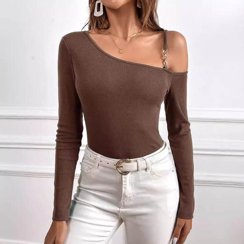Women's Simple Elegant T shirt Spring Summer One Shoulder Cold Shoulder Unilateral Sling Scheming Tops