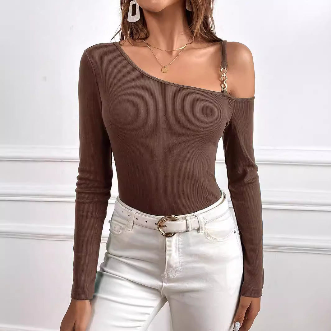 Women's Simple Elegant T shirt Spring Summer One Shoulder Cold Shoulder Unilateral Sling Scheming Tops