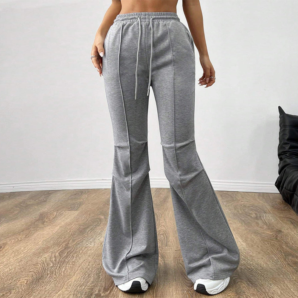 Simple Office Casual Pants Drawstring Elastic Waist Slim Wide Leg