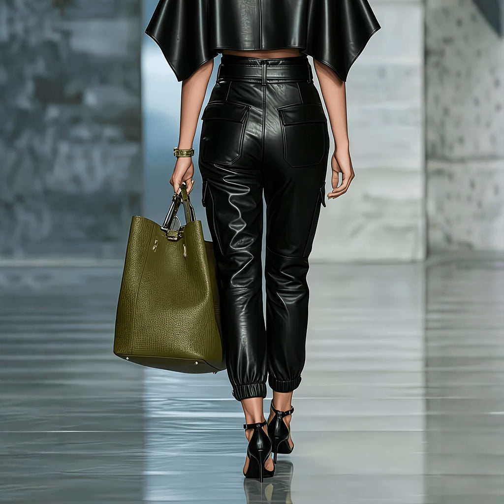 Street Faux Leather Overalls Casual Elastic Foot Mouth Side Pocket Trousers for Women