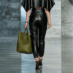 Street Faux Leather Overalls Casual Elastic Foot Mouth Side Pocket Trousers for Women